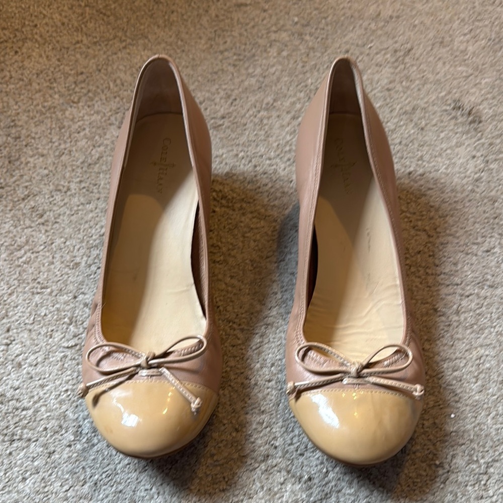 Cole Haan Tan/Beige Wedge Heel with Patent Leather Toe Caps & Bow Detail